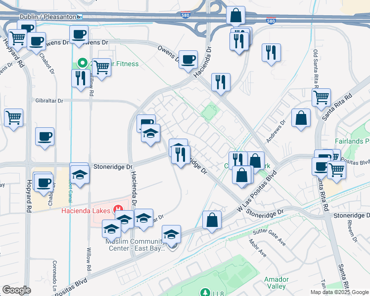 map of restaurants, bars, coffee shops, grocery stores, and more near 5690 Stoneridge Drive in Pleasanton