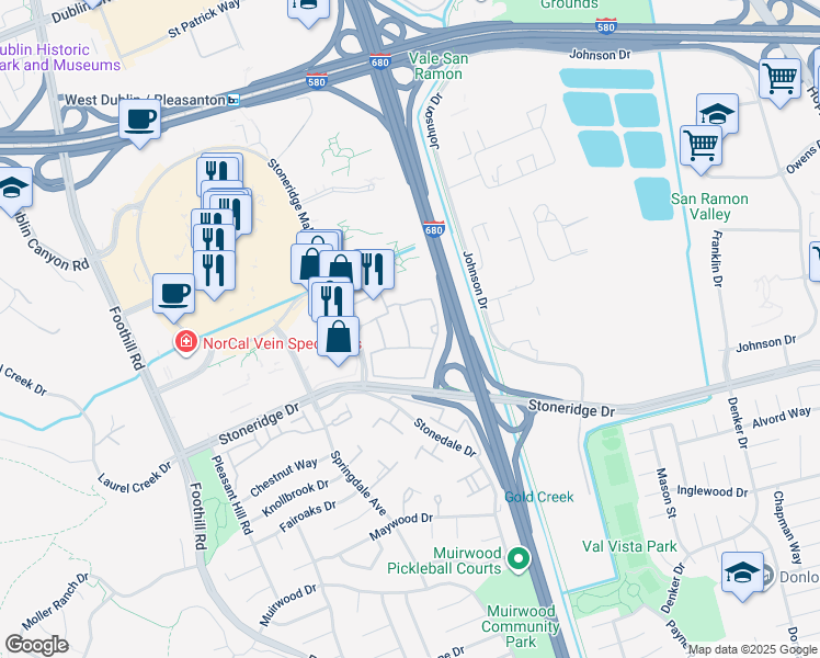 map of restaurants, bars, coffee shops, grocery stores, and more near 6330 Stoneridge Mall Road in Pleasanton