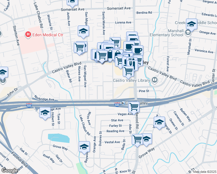 map of restaurants, bars, coffee shops, grocery stores, and more near 21091 Wilbeam Avenue in Castro Valley