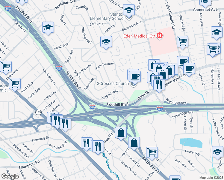 map of restaurants, bars, coffee shops, grocery stores, and more near 2134 Regent Way in Castro Valley