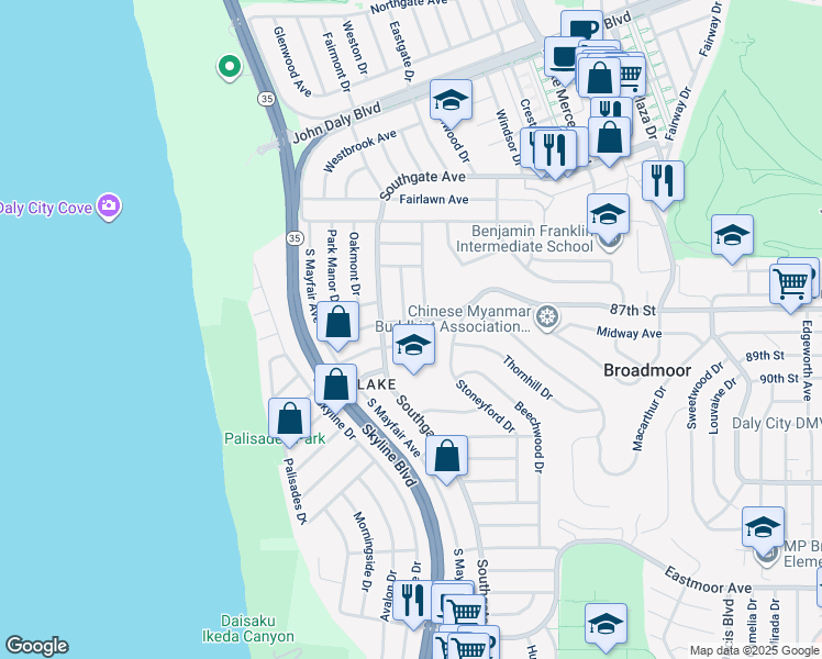 map of restaurants, bars, coffee shops, grocery stores, and more near 48 Brooklawn Avenue in Daly City