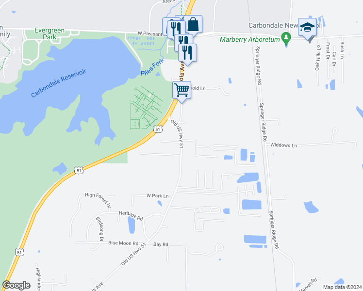 map of restaurants, bars, coffee shops, grocery stores, and more near 2331 South Illinois Avenue in Carbondale