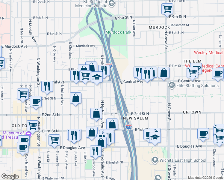 map of restaurants, bars, coffee shops, grocery stores, and more near 1818 E 3rd Street North in Wichita