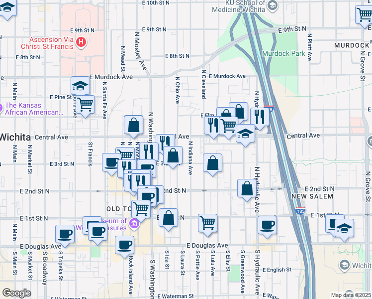map of restaurants, bars, coffee shops, grocery stores, and more near 400-416 North Indiana Avenue in Wichita