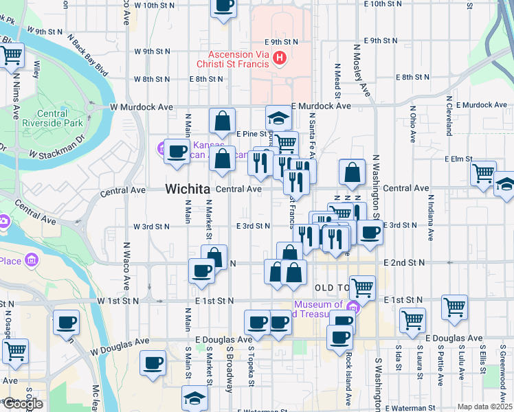 map of restaurants, bars, coffee shops, grocery stores, and more near 405 North Emporia Avenue in Wichita