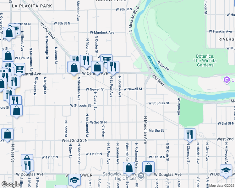 map of restaurants, bars, coffee shops, grocery stores, and more near 520 North Saint Paul Street in Wichita