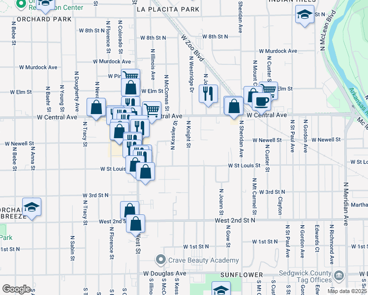 map of restaurants, bars, coffee shops, grocery stores, and more near 528 N Kessler St in Wichita