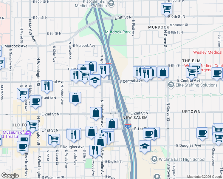 map of restaurants, bars, coffee shops, grocery stores, and more near 1818 E 3rd Street North in Wichita
