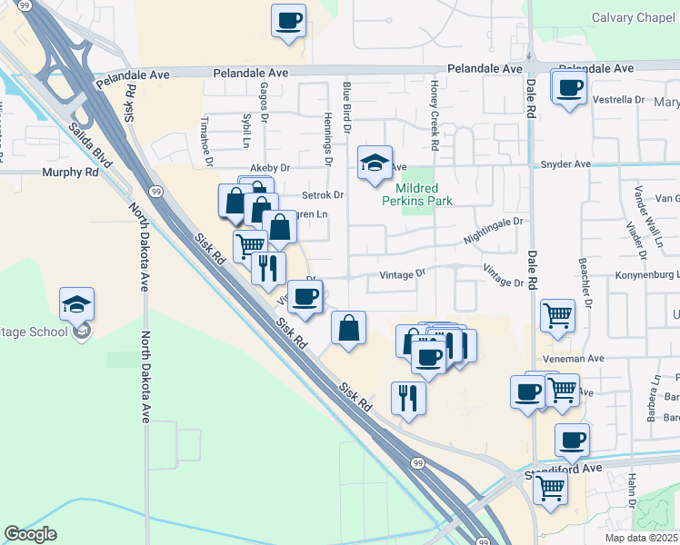 map of restaurants, bars, coffee shops, grocery stores, and more near 3405 Vintage Drive in Modesto