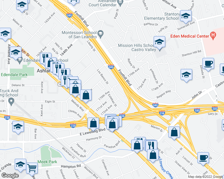 map of restaurants, bars, coffee shops, grocery stores, and more near 170th Ave & Los Banos St in Ashland