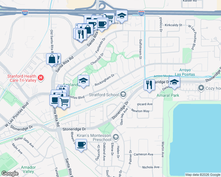map of restaurants, bars, coffee shops, grocery stores, and more near 3186 Berkshire Court in Pleasanton