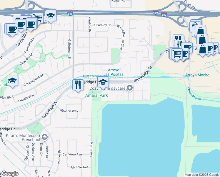 map of restaurants, bars, coffee shops, grocery stores, and more near 2705 Fressia Court in Pleasanton