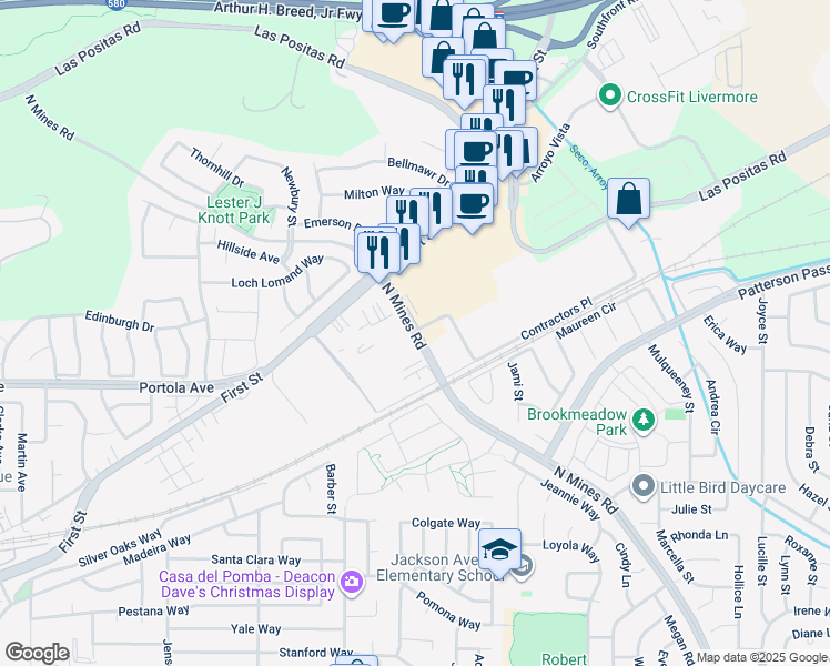 map of restaurants, bars, coffee shops, grocery stores, and more near 2 North Mines Road in Livermore