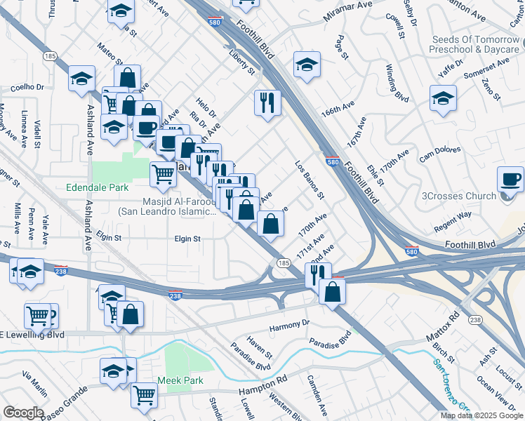 map of restaurants, bars, coffee shops, grocery stores, and more near 16714 East 14th Street in San Leandro