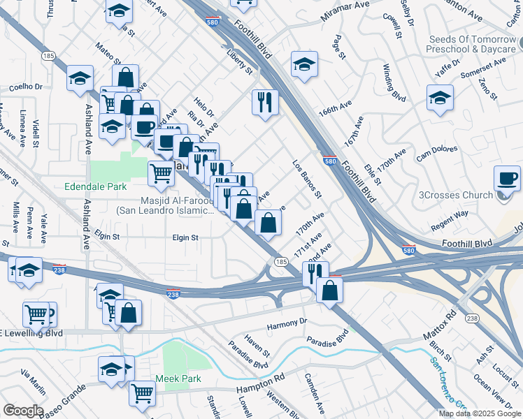 map of restaurants, bars, coffee shops, grocery stores, and more near 16714 East 14th Street in San Leandro