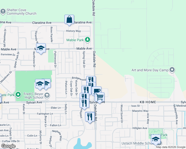 map of restaurants, bars, coffee shops, grocery stores, and more near 2121 Bridgewood Way in Modesto