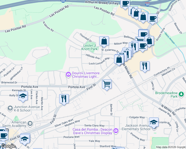 map of restaurants, bars, coffee shops, grocery stores, and more near 3968 Inverness Common in Livermore