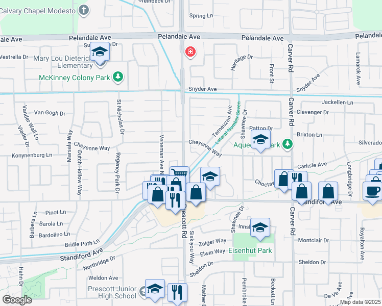 map of restaurants, bars, coffee shops, grocery stores, and more near 3525 San Clemente Avenue in Modesto