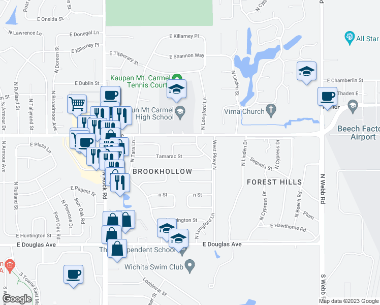 map of restaurants, bars, coffee shops, grocery stores, and more near 8604 Tamarac Street in Wichita