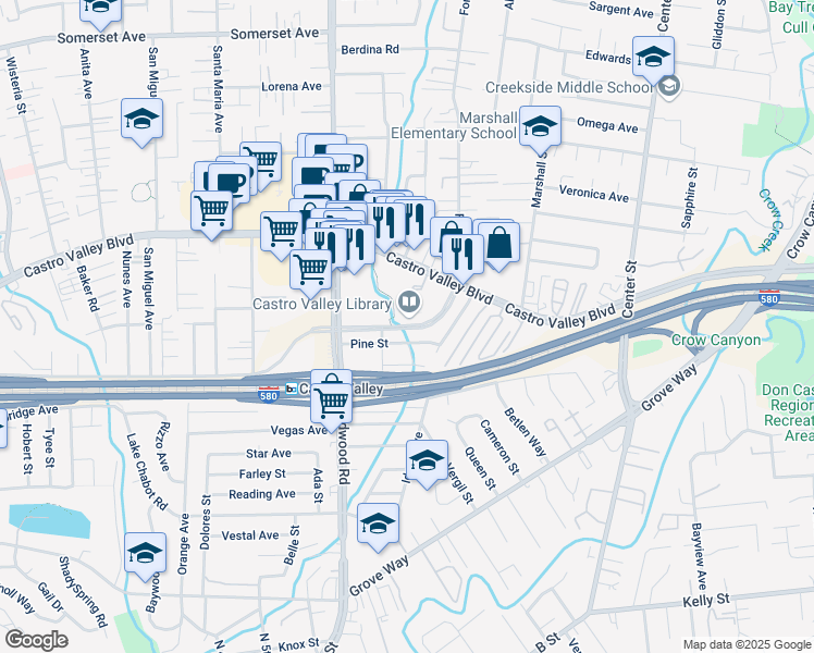 map of restaurants, bars, coffee shops, grocery stores, and more near 3836 Norbridge Avenue in Castro Valley