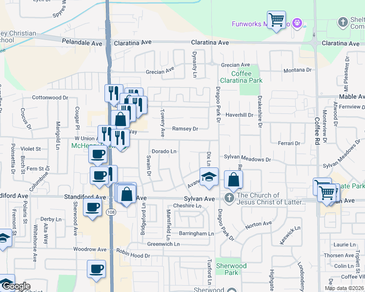 map of restaurants, bars, coffee shops, grocery stores, and more near 3709 Northampton Lane in Modesto