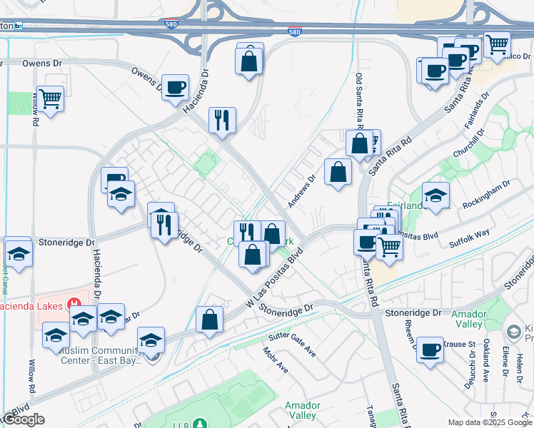 map of restaurants, bars, coffee shops, grocery stores, and more near 4990 Owens Drive in Pleasanton
