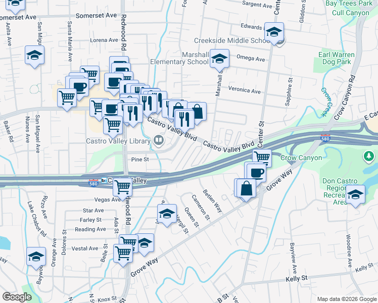 map of restaurants, bars, coffee shops, grocery stores, and more near 3913 Castro Valley Boulevard in Castro Valley