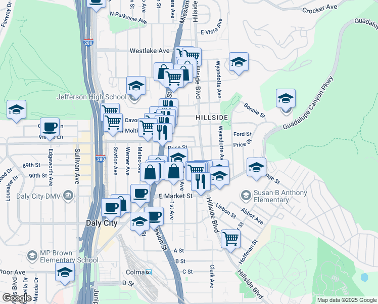 map of restaurants, bars, coffee shops, grocery stores, and more near 68 3rd Avenue in Daly City