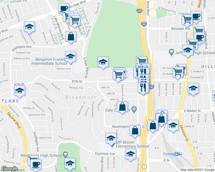 map of restaurants, bars, coffee shops, grocery stores, and more near 406 88th Street in Daly City