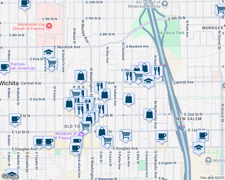 map of restaurants, bars, coffee shops, grocery stores, and more near 400-416 North Indiana Avenue in Wichita