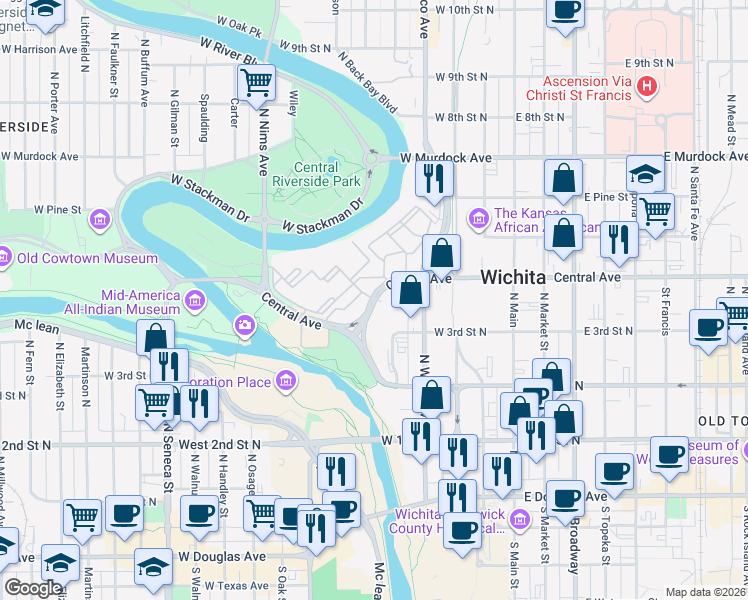 map of restaurants, bars, coffee shops, grocery stores, and more near 1400 West Museum Boulevard in Wichita