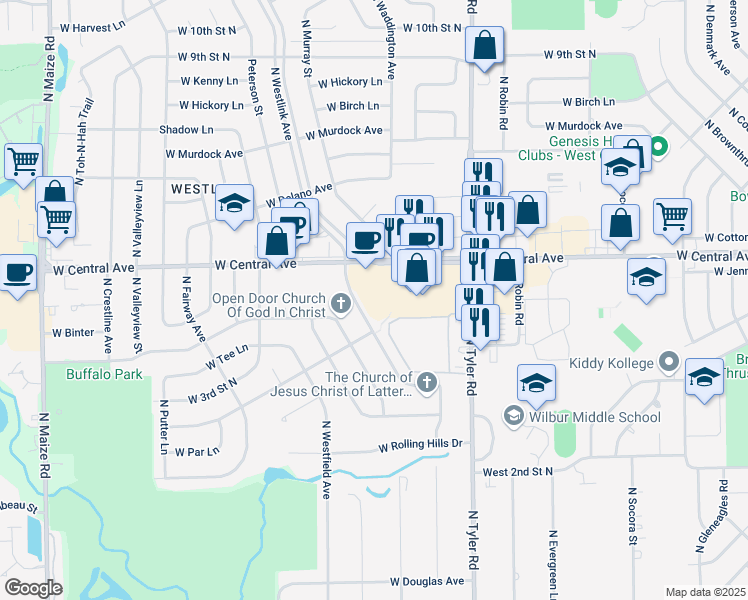 map of restaurants, bars, coffee shops, grocery stores, and more near 9035 West Central Avenue in Wichita