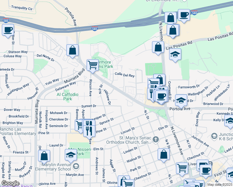 map of restaurants, bars, coffee shops, grocery stores, and more near 1221 Hillview Drive in Livermore