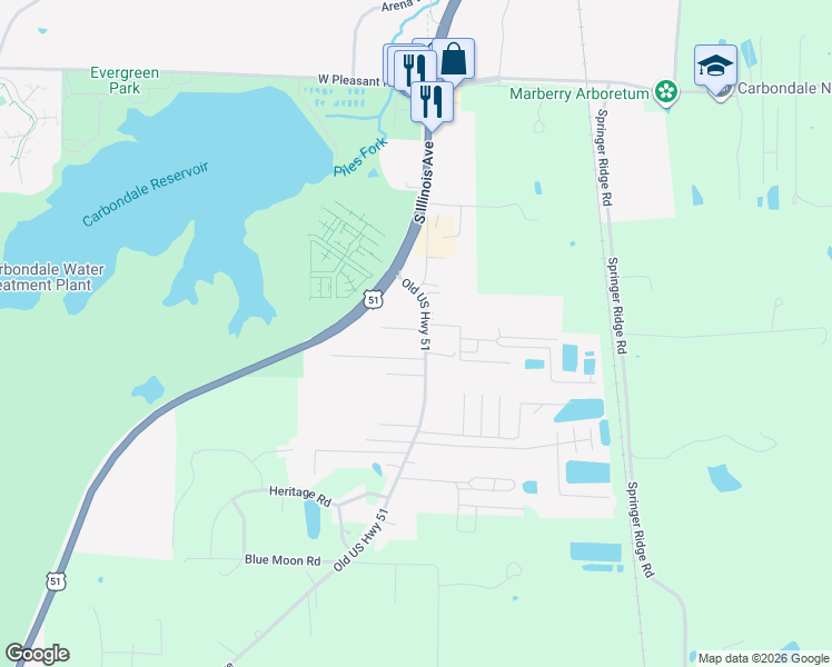 map of restaurants, bars, coffee shops, grocery stores, and more near 2310 South Illinois Avenue in Carbondale