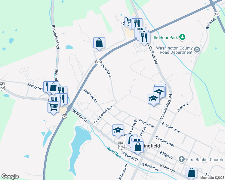 map of restaurants, bars, coffee shops, grocery stores, and more near 145 Industry Drive in Springfield