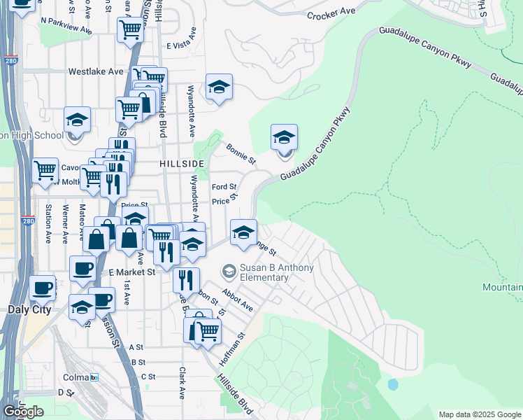 map of restaurants, bars, coffee shops, grocery stores, and more near 995 East Market Street in Daly City