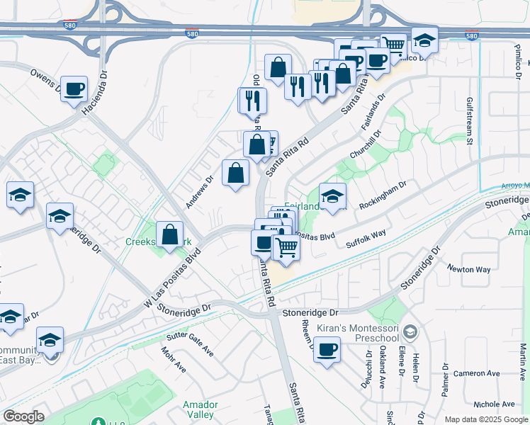 map of restaurants, bars, coffee shops, grocery stores, and more near 3362 Santa Rita Road in Pleasanton