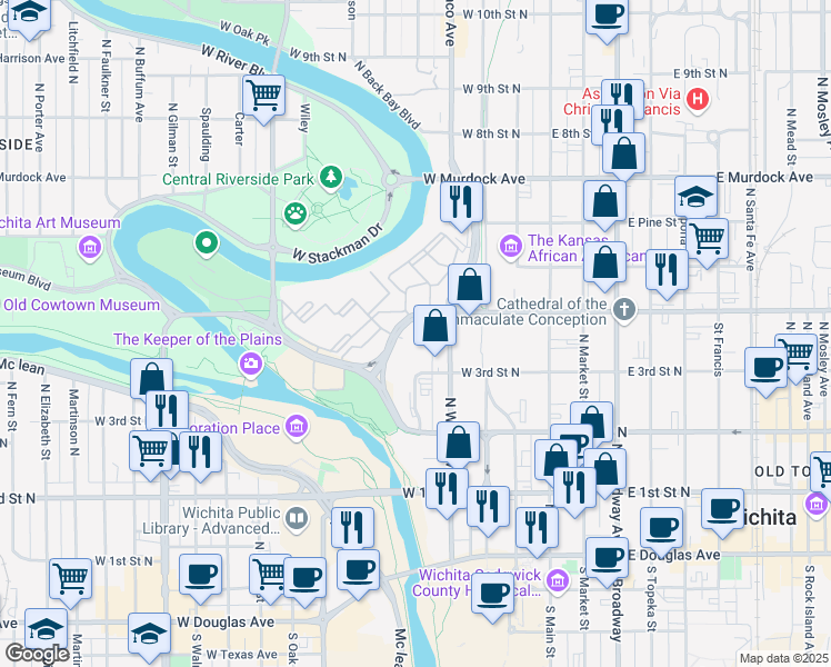 map of restaurants, bars, coffee shops, grocery stores, and more near 429 West Central Avenue in Wichita