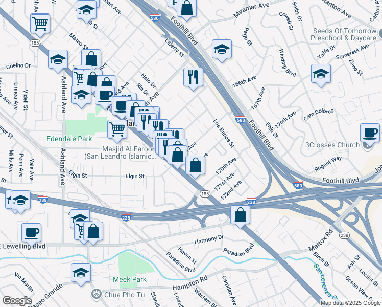 map of restaurants, bars, coffee shops, grocery stores, and more near 1475 167th Avenue in San Leandro
