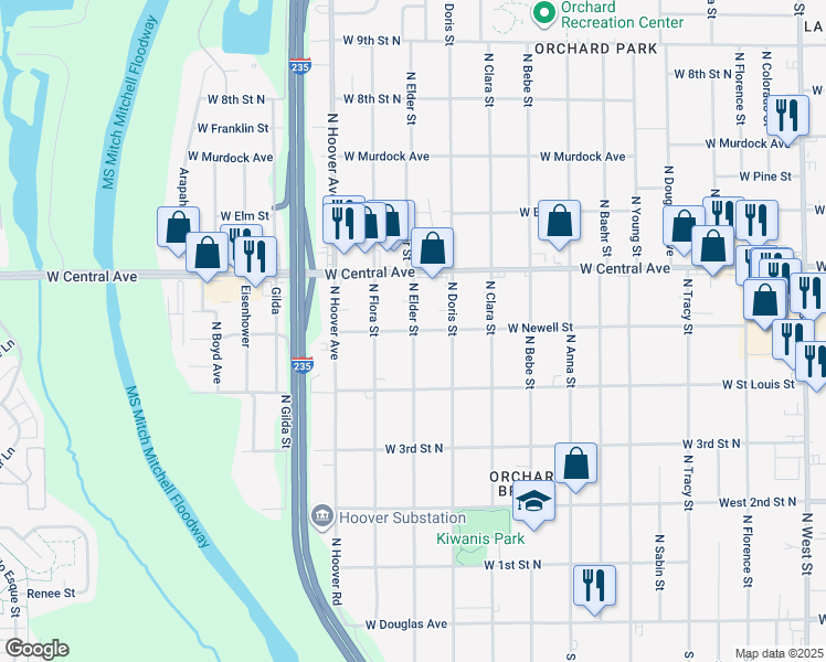 map of restaurants, bars, coffee shops, grocery stores, and more near North Elder Street in Wichita