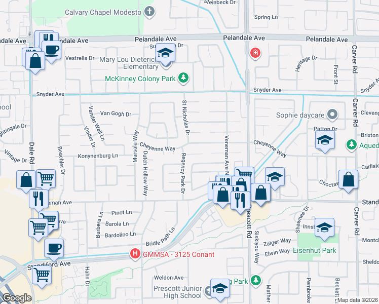 map of restaurants, bars, coffee shops, grocery stores, and more near 3800 Saint Nicholas Drive in Modesto