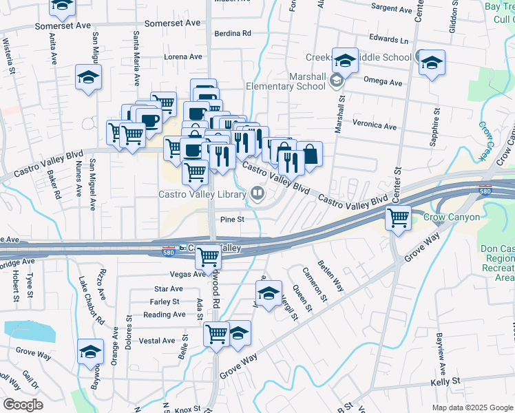 map of restaurants, bars, coffee shops, grocery stores, and more near 3667 Castro Valley Boulevard in Castro Valley