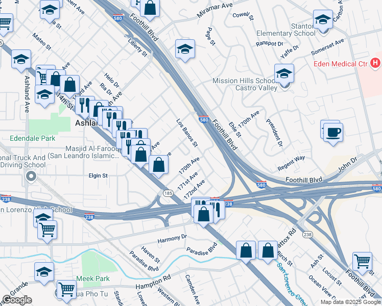 map of restaurants, bars, coffee shops, grocery stores, and more near 16862 Los Banos Street in San Leandro