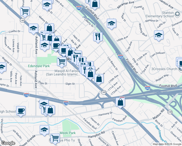 map of restaurants, bars, coffee shops, grocery stores, and more near 1475 167th Avenue in San Leandro