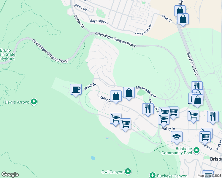 map of restaurants, bars, coffee shops, grocery stores, and more near 233 Callippe Court in Brisbane