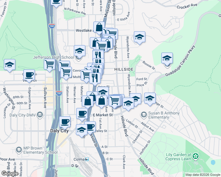 map of restaurants, bars, coffee shops, grocery stores, and more near 56 Garibaldi Street in Daly City