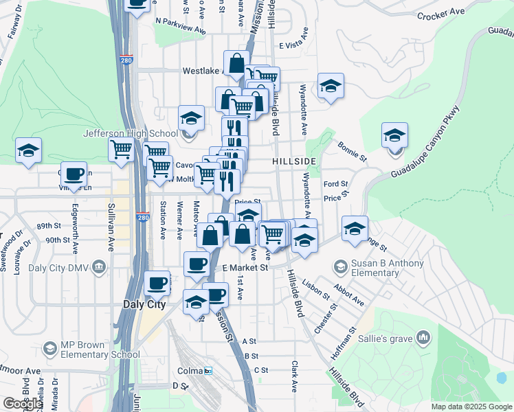 map of restaurants, bars, coffee shops, grocery stores, and more near 56 Garibaldi Street in Daly City