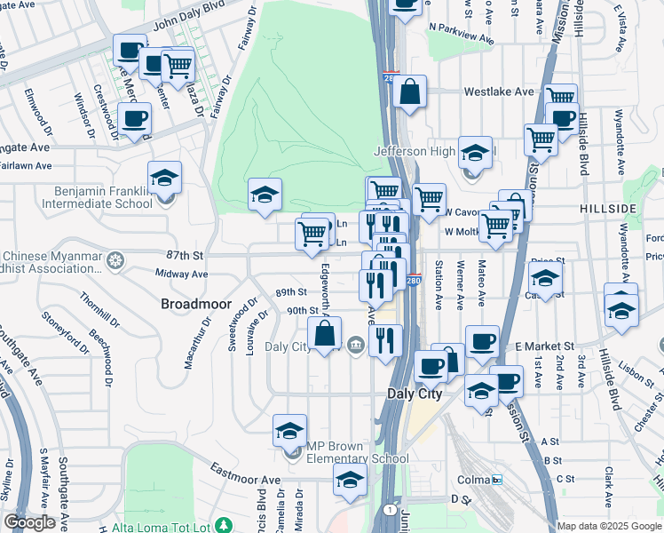 map of restaurants, bars, coffee shops, grocery stores, and more near 16 Village Lane in Daly City
