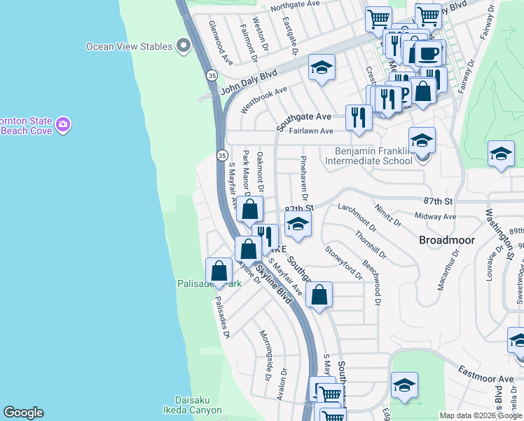 map of restaurants, bars, coffee shops, grocery stores, and more near 2 Creston Avenue in Daly City