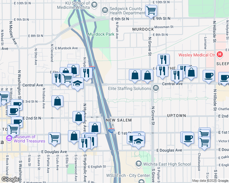 map of restaurants, bars, coffee shops, grocery stores, and more near 2001 East Central Avenue in Wichita